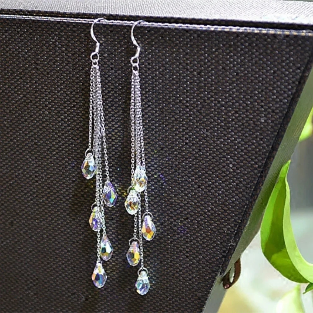 Temperament Crystal Water Drop Tassel Earrings for Women Delicate Colorful Clear Long Dangle Ear Line Wedding Party Jewelry Gift