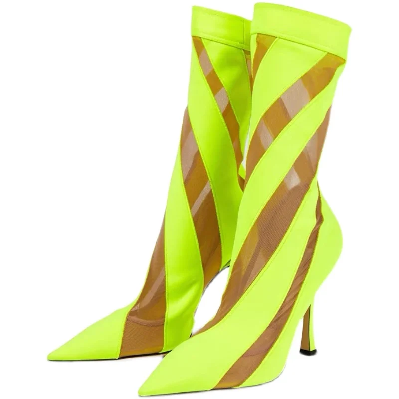 New Neon Yellow Striped Ankle Boots See Throught Mesh High Heels Short Boots Pointed Toe Stretch Woemn Runway Shoes