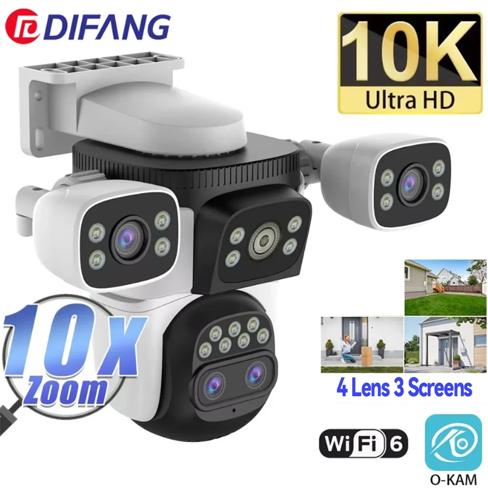 10K UHD WiFi6 Camera 20MP Wireless Outdoor 10X Zoom Four Screen Four Lens PTZ Automatic Tracking Waterproof Security Camera CCTV