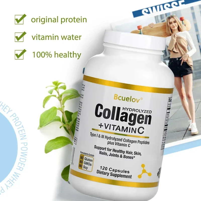 Bcuelov Hydrolyzed Collagen Capsules + Vitamin C, Type 1-3 Collagen, Helps Joint, Skin, Hair, Nails, Bone Health, Anti-Aging