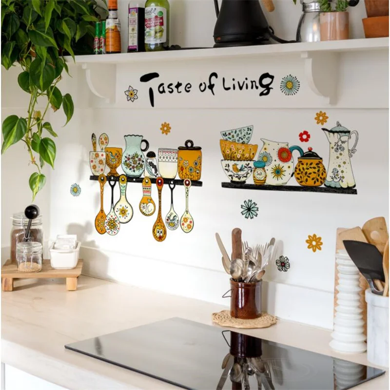 30*60CM Kitchen Wall Stickers Retro Pattern Tableware Decoration Dining Room Decor Beautification Self-Adhesive