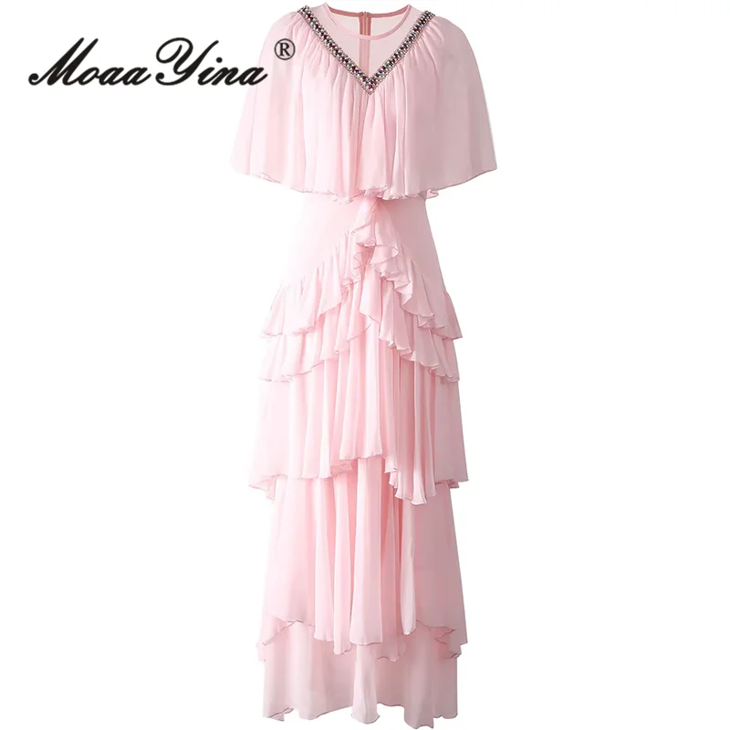 

MoaaYina Summer Fashion Runway Dress Women Vintage Solid Color Cascading Ruffle Pearl Diamond Nail Bead Net Yarn Dresses