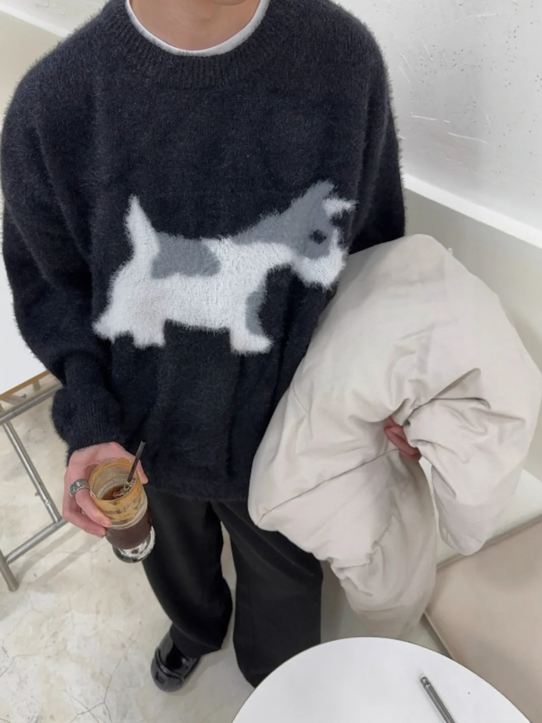 

Loose Fit round Ne Knitwear Soft Cozy Dog Print Design American Lazy Sle Men's Sweater Casual Comfortable Long Sve Top