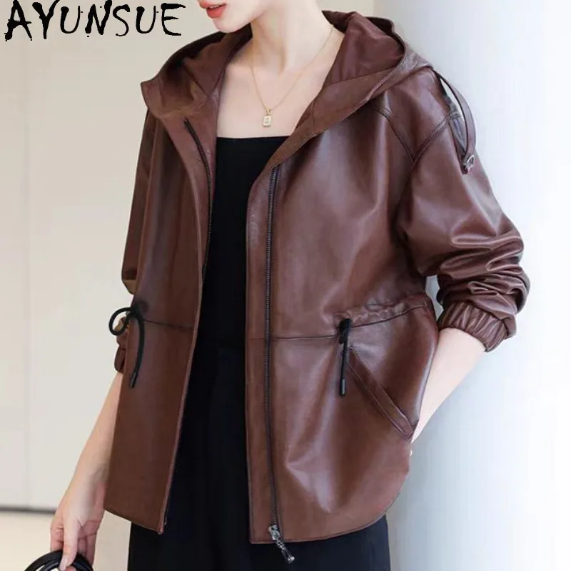 

AYUNSUE Women's Real Leather Jacket Casual Hooded Jackets for Woman Spring Autumn Versatile Tops Woman Clothes Roupas Feminina