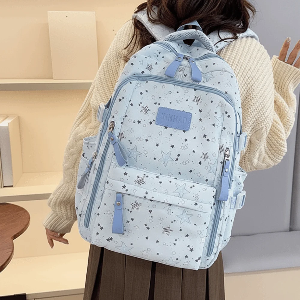 かわいいプリントスターバックパック軽量大容量ナイロンバックパックカレッジスタイル布製学生スクールバッグデイリーバッグ