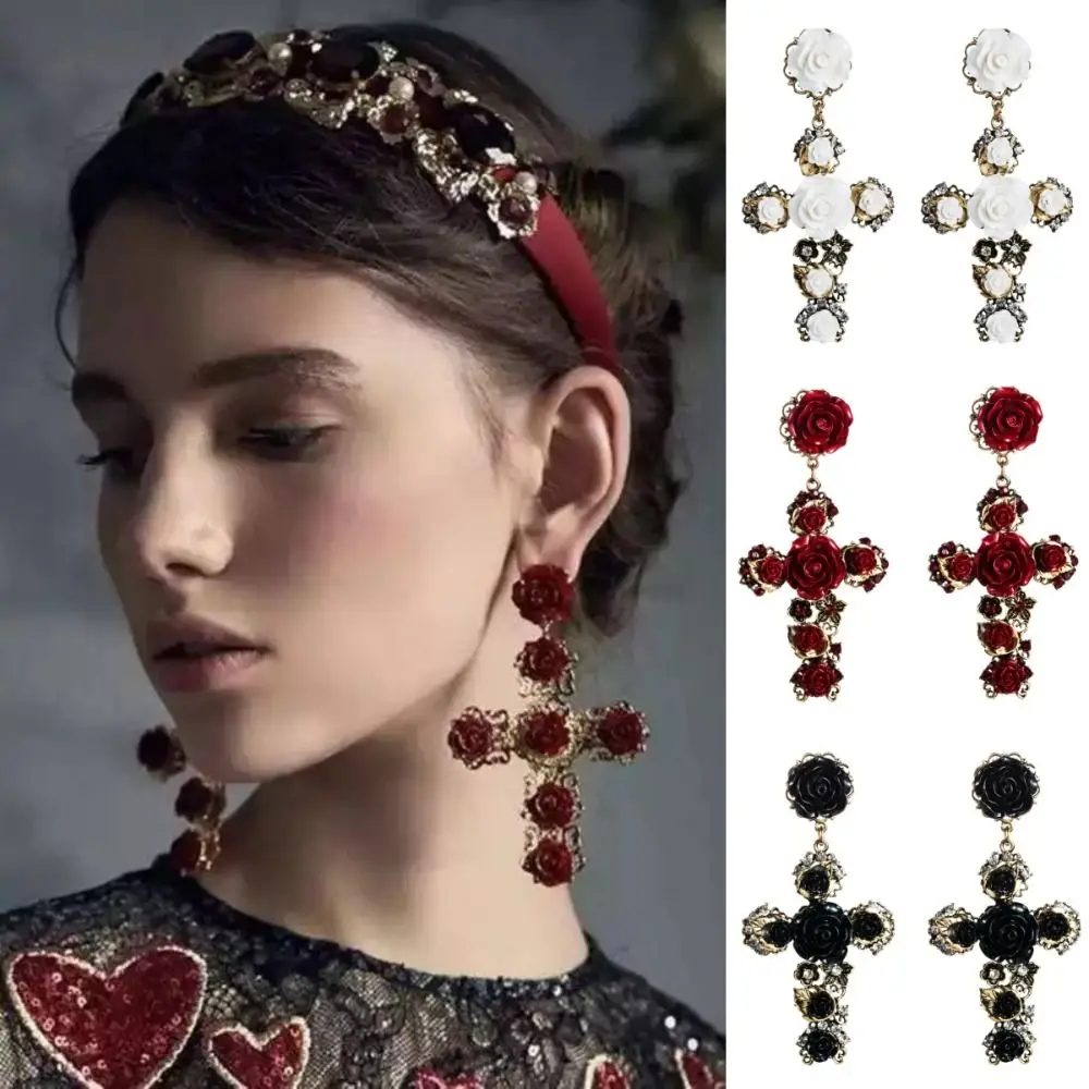 

Shiny Baroco Style Rose Cross Earrings Aesthetic Jewelry Crystal Ear Stud Long Gothic Flower Stud Earrings Lolita Accessories