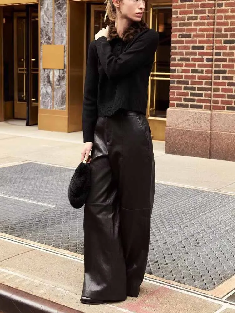 Estilo europeu e americano outono recém chegados elegante e simples feminino efeito de pele sintética lapela malha cardigan