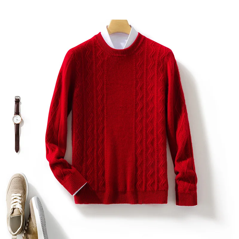 Autumn Winter New Cashmere Sweater 100% Wool Men\'s Sweater Round Neck Knitted Pullover Casual Honeycomb Men\'s Clothing