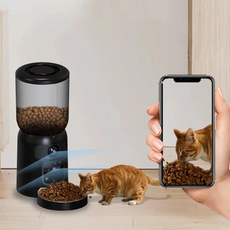 Smart automatic pet feeder with camera and artificial intelligence interaction, plastic rechargeable portable food dispenser