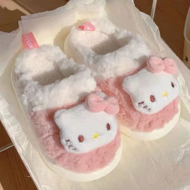 

Kawaii Hello Kitty Cinnamoroll Kuromi Sanrio Cute Fluffy Slippers Autumn Winter Warm Shoes Dormitory Christmas Gifts for Kids