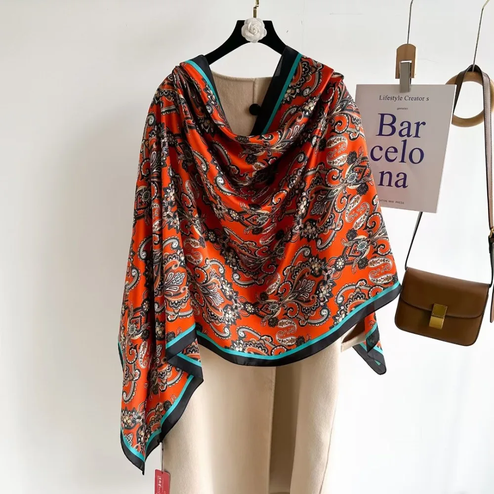 

Elegant Flower Silk Scarf Shawls Sunscreen Soft Satin Neck Scarves Large Thin Beach Hijab Wedding