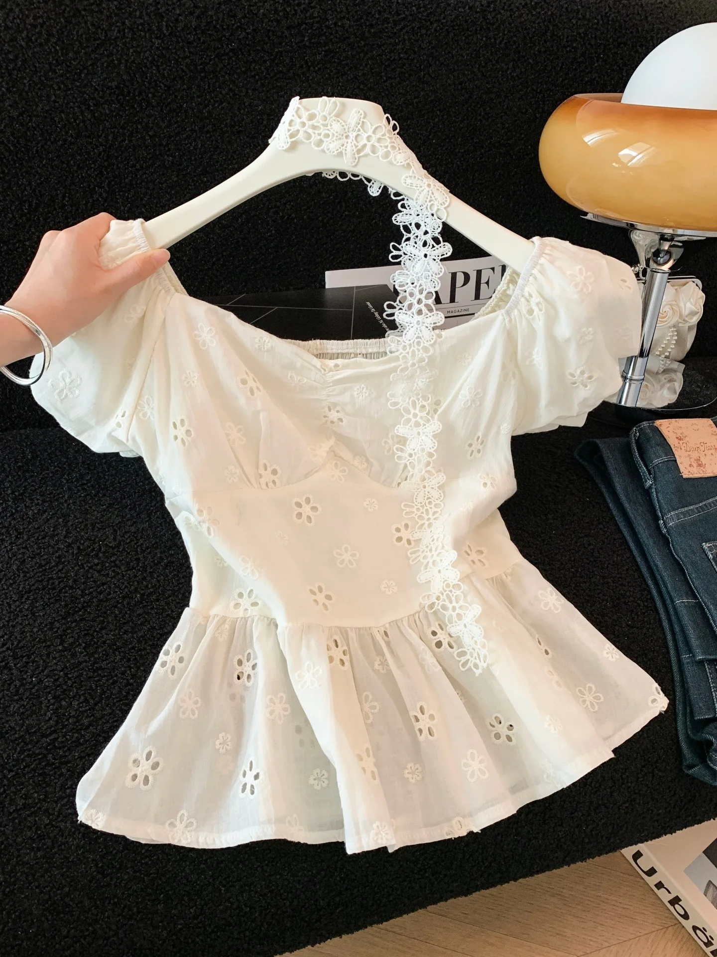 

Женская текстурированная рубашка с вырезами, короткий рукав, дышащий хлопок, летний новый дизайн, юбка с присборенной талией, рукава-фонарики