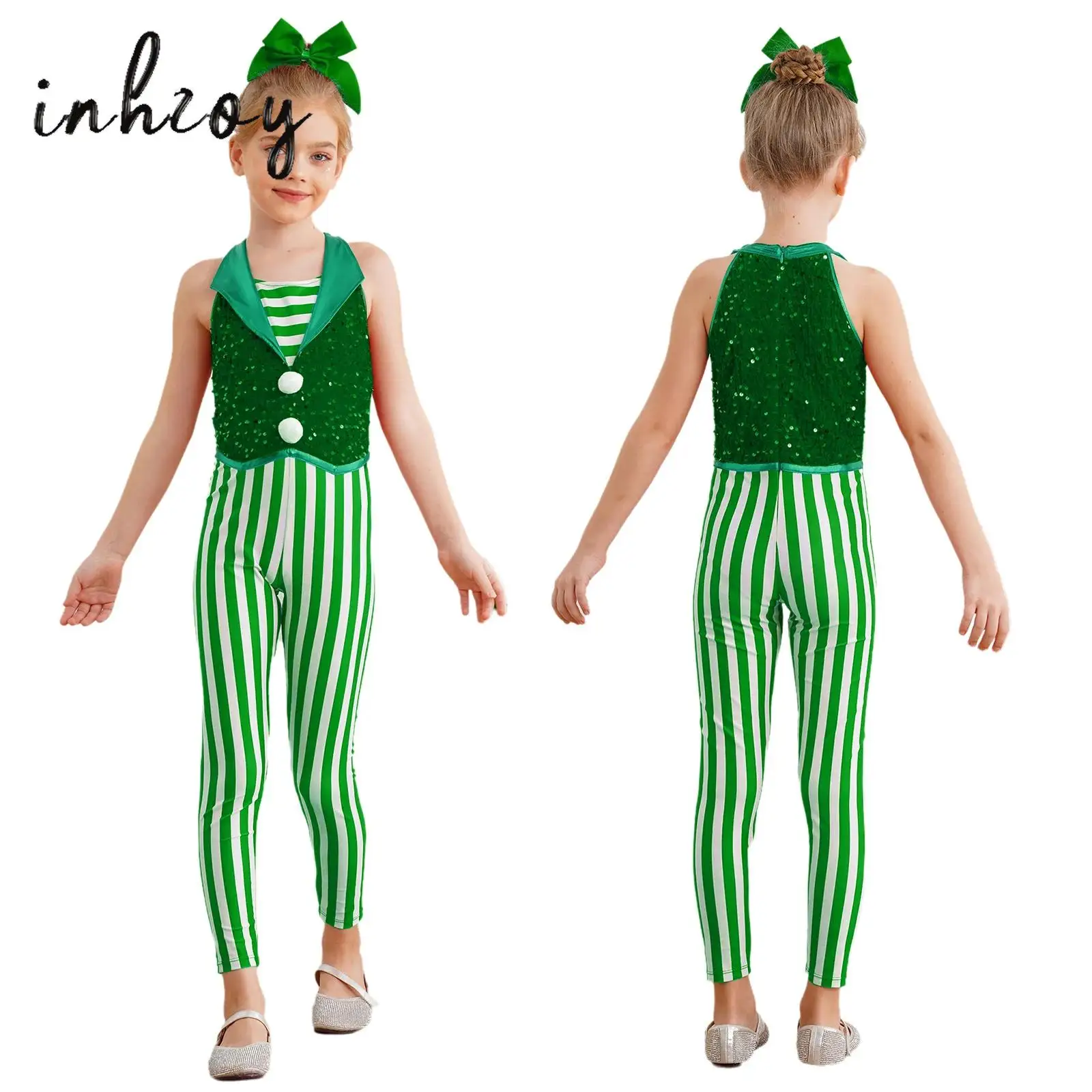 

Kids Girls Candy Cane Christmas Dance Bodysuit Jumpsuit Full Unitard Outfits Sleeveless Stripes Sequins Santa Sweetie Dancewear