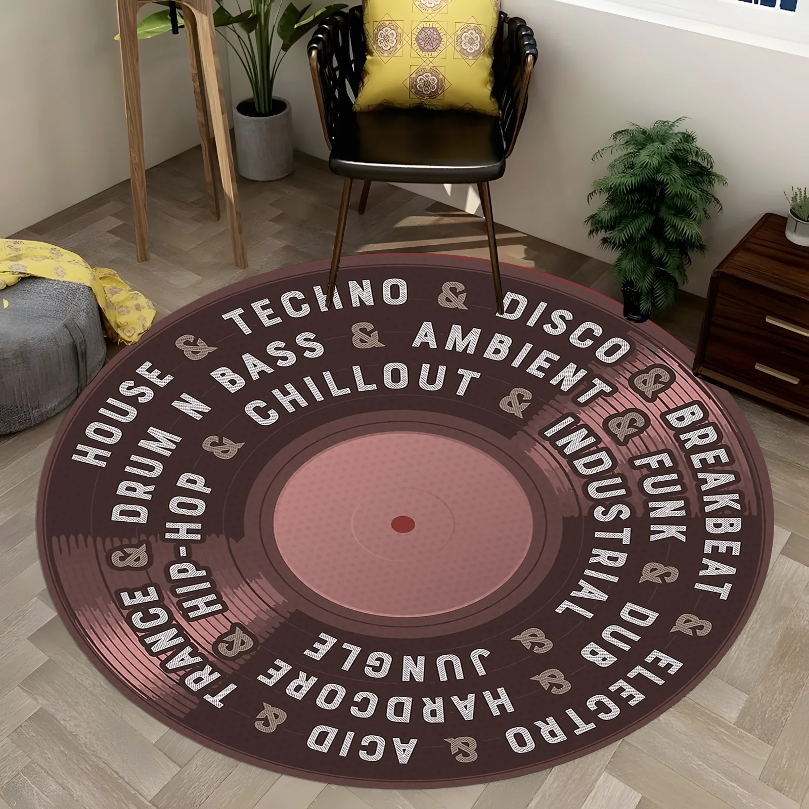 Electronic Music Genres Round Rug - Techno/House/Hip-Hop Vinyl Design, Pink & Black DJ Carpet, Non-Slip Music Lover Floor Mat