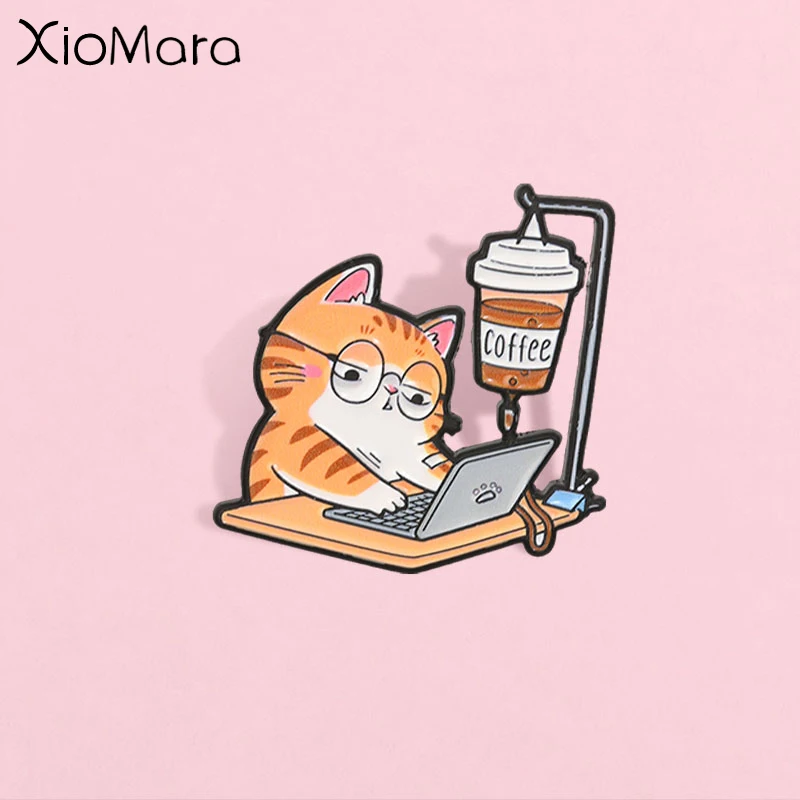 Funny Coffee Cat Enamel Pin, Tired Office Worker Kitten Brooch, Fashion Accessory, Gift for Coffee and Office Workers