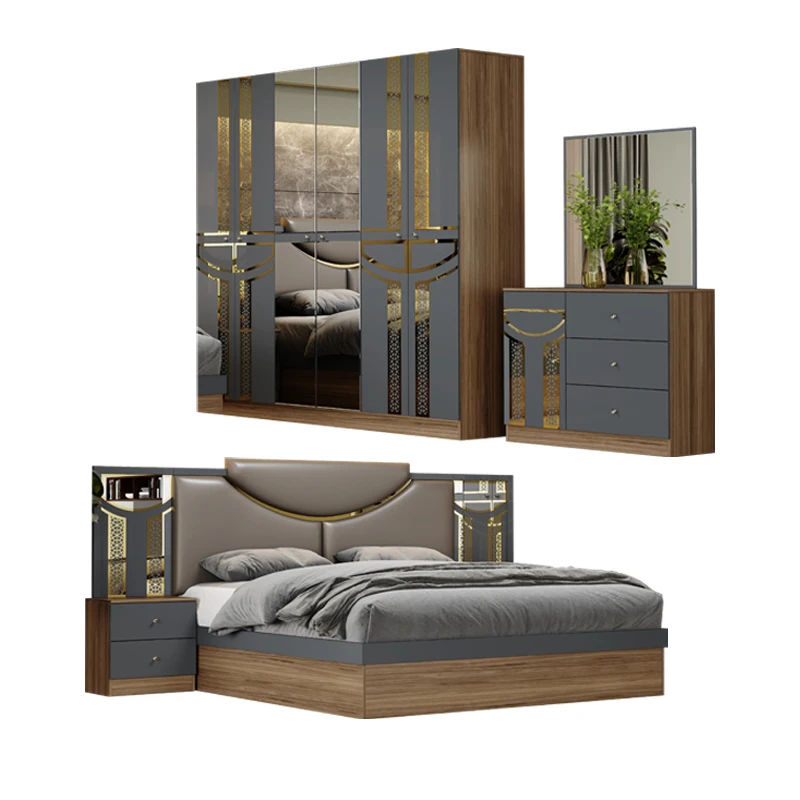 High Quality Turkish Style Home Wood MDF Full Bedroom Furniture Set Wood Frame Modern Deluxe Double Bed