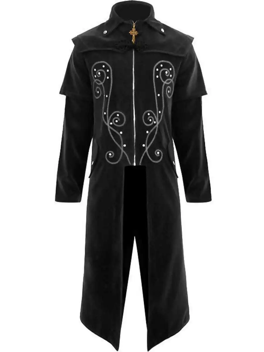 Gotische lange jas met opstaande kraag, geschikt voor podiumoptredens, herenmode, formele kleding, polyester, herfst.