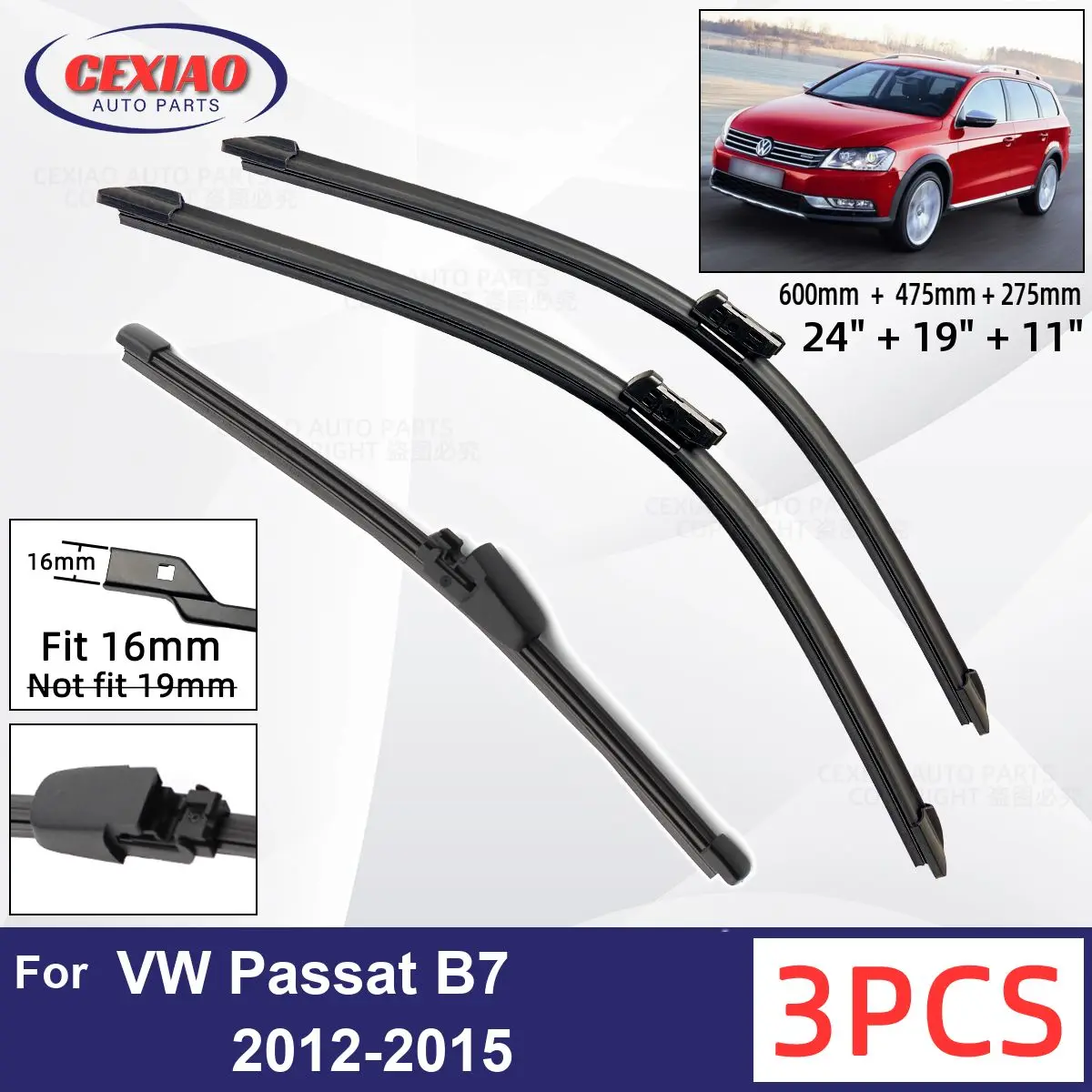 

For VW Passat B7 2012-2015 Car Front Rear Wiper Blades Soft Rubber Windscreen Wipers Auto Windshield 24"+19"+11" 2013 2014 2015