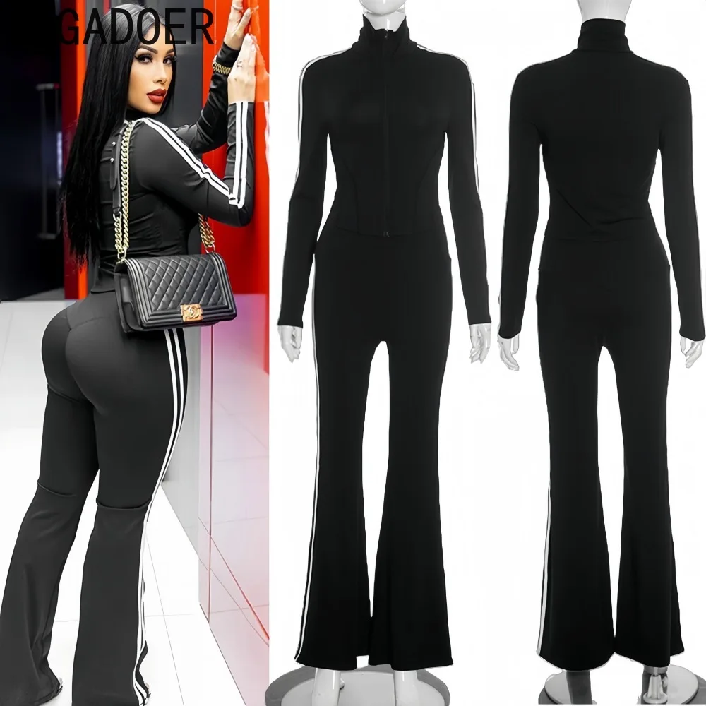 

FAGADOER Fashion Two Piece Outfits Woman Outfits Solid Color Long Sleeves Zipper Patchwork Crop Jacket + Pants Female Streetwear