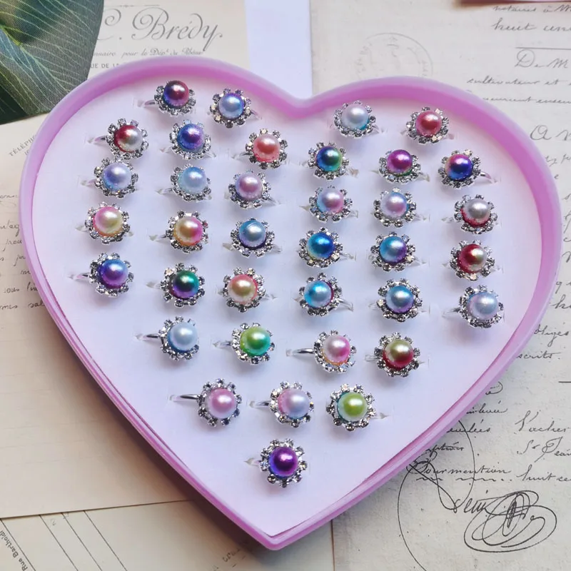 Gift  Box 12Pcs Mixed Style Crystal Assorted Flower Animal Adjustable Rings Kids Girls Party Gift Fashion Finger Jewelry