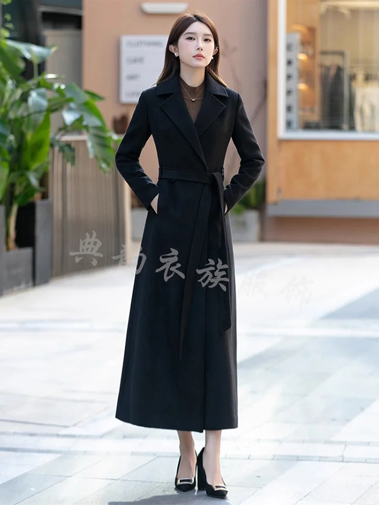 New Women Long Woolen Coat Autumn Winter Fashion Suit Collar Slim Waist Cotton Liner Wool Blended Coat Elegant Daily Outerwear