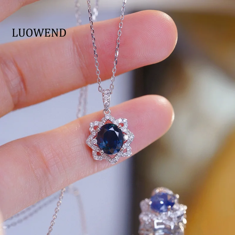 

LUOWEND 100% 18K White Gold Necklace Elegant Style Real Natural Diamond Natural Sapphire Necklace for Women Birthday Gift