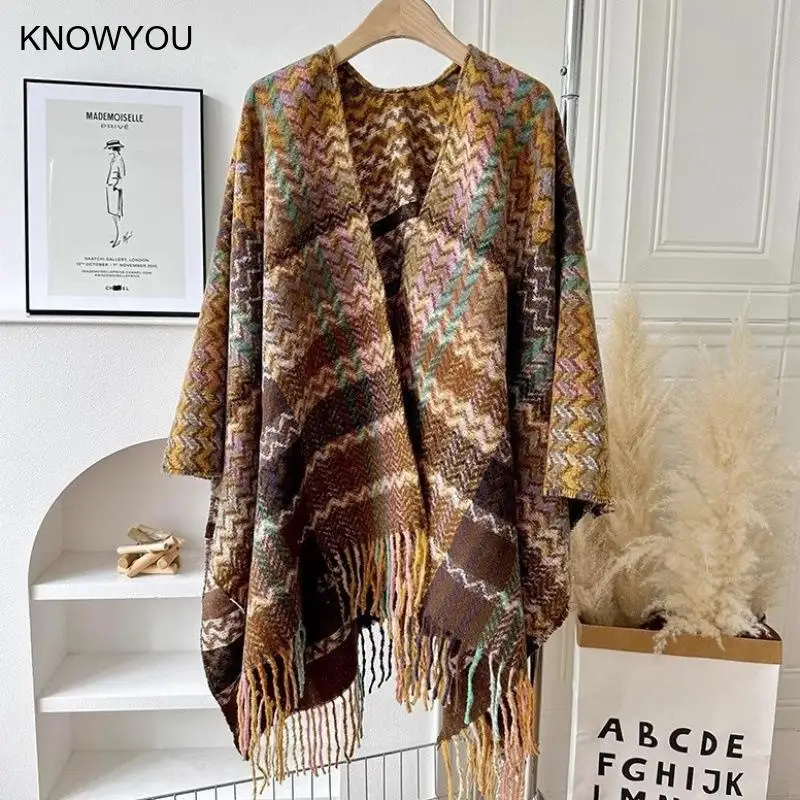 2025 New Wrap Women Warm Imitation Cashmere Shawl Split Cape Soft Shawl Pashmina Winter Autumn Outwear Thicken Blanket Ponchos