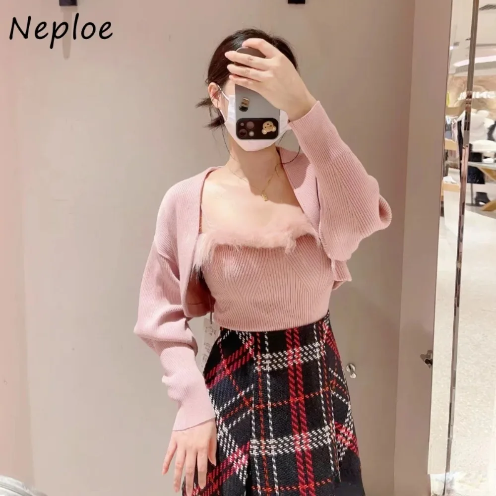 Neploe Solid Long Sleeve Sling Sets Jumper+square Collar Sweet Fresh Casual Sweaters Japanese Knit Fashion Suit Pull Femme