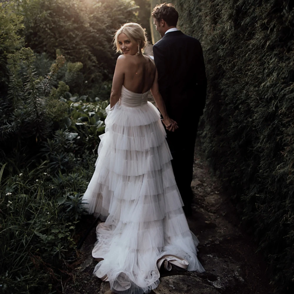 Maxivestido de novia de tul fruncido, elegante, recto, sin tirantes, de malla escalonada, con cremallera en capas, tutú de princesa, rústico