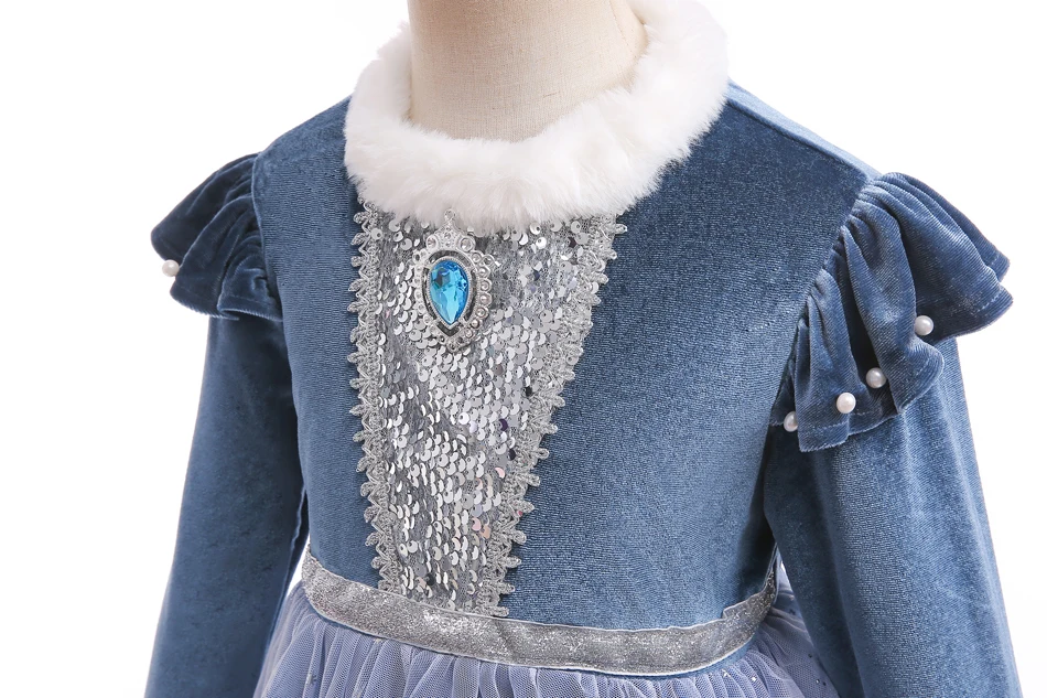 Mädchen Winter Eiskönigin Prinzessinnenkleid Samt Langarm Kunstfellkragen Farbverlauf Schneeflocken-Tüllkleid für Weihnachten Geburtstag – Detail 10