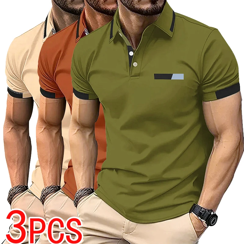 

Summer Men's Short Sleeved 3-piece Set with a Lapel Polo Shirt Men's Casual Golf Top Polo Shirt with Elasticity and Comfort