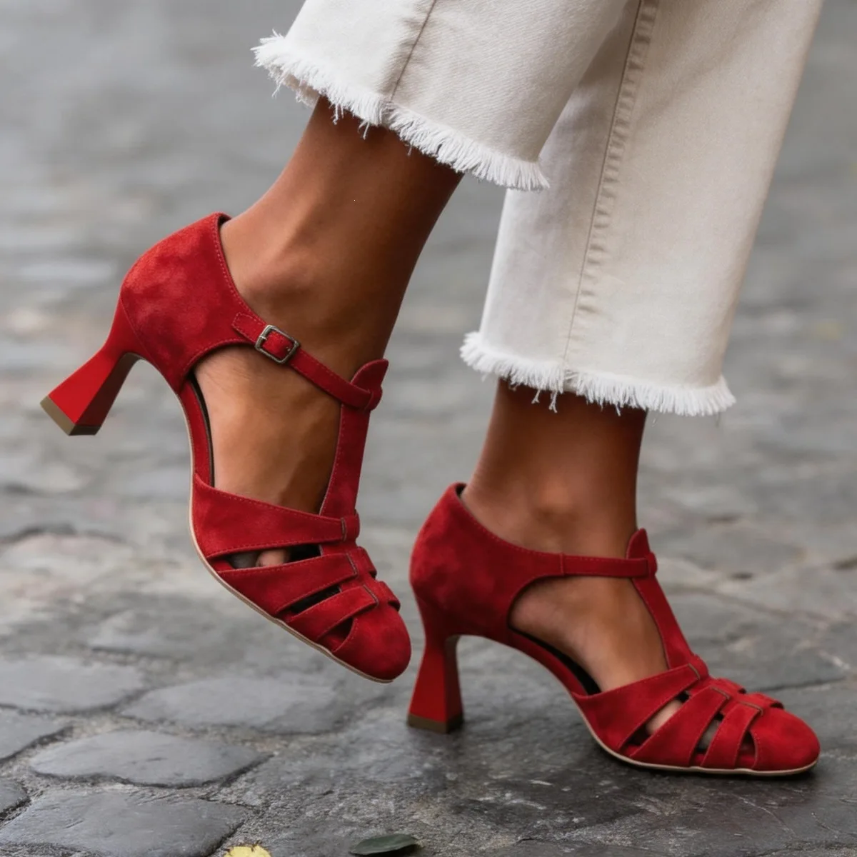 Red Suede T-Strap Sandals Women Mary Jane Kitten Heels Women's Pumps Shoes
