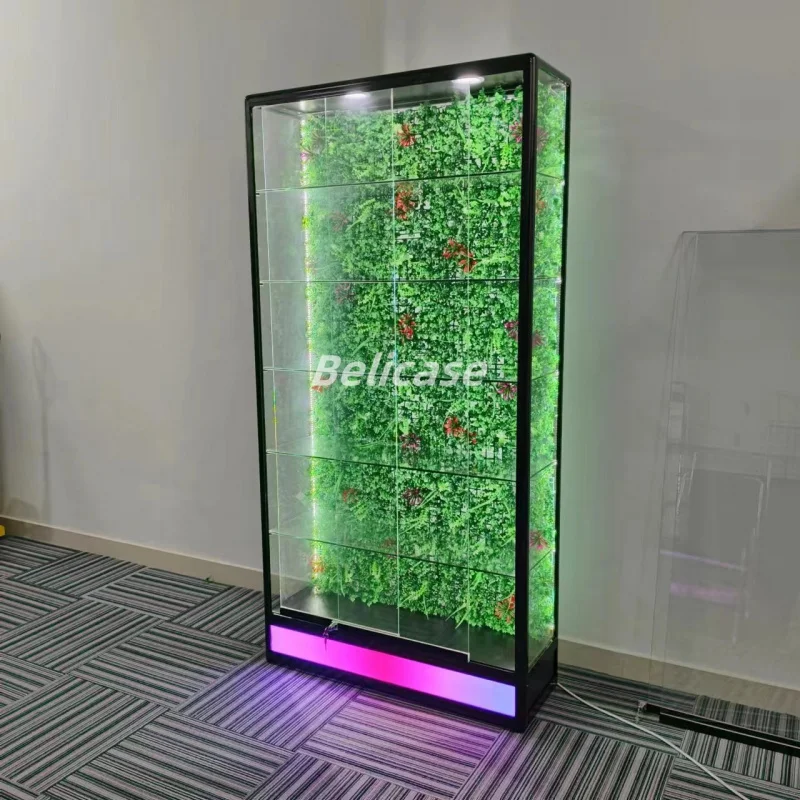 2025customized.Smoke Shop Displays Glass Showcases with Grasses Aluminum Frame Display Changeable Light Tall Glass Display