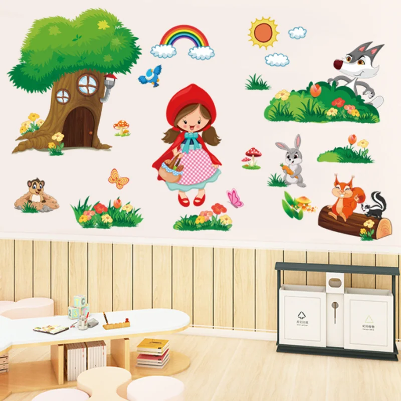 Cartoon Little Red Riding Hood Stickers DIY Scrapbook Window Glass Wall Sticker Bedroom Decora Sticker Self-adhesive Wallpaper