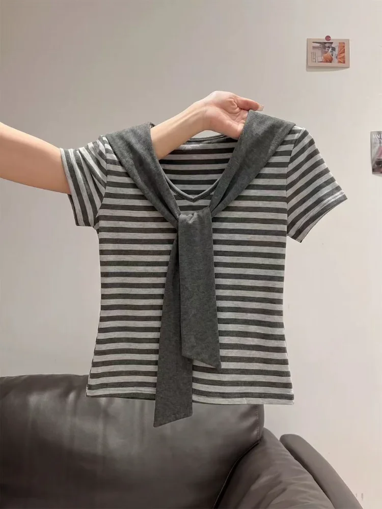 Korea Chic Moda Panelled Patchwork T-shirt Stripe V Neck Short Slim Crop Top Sweet Minority All-match Office Lady Tshirts