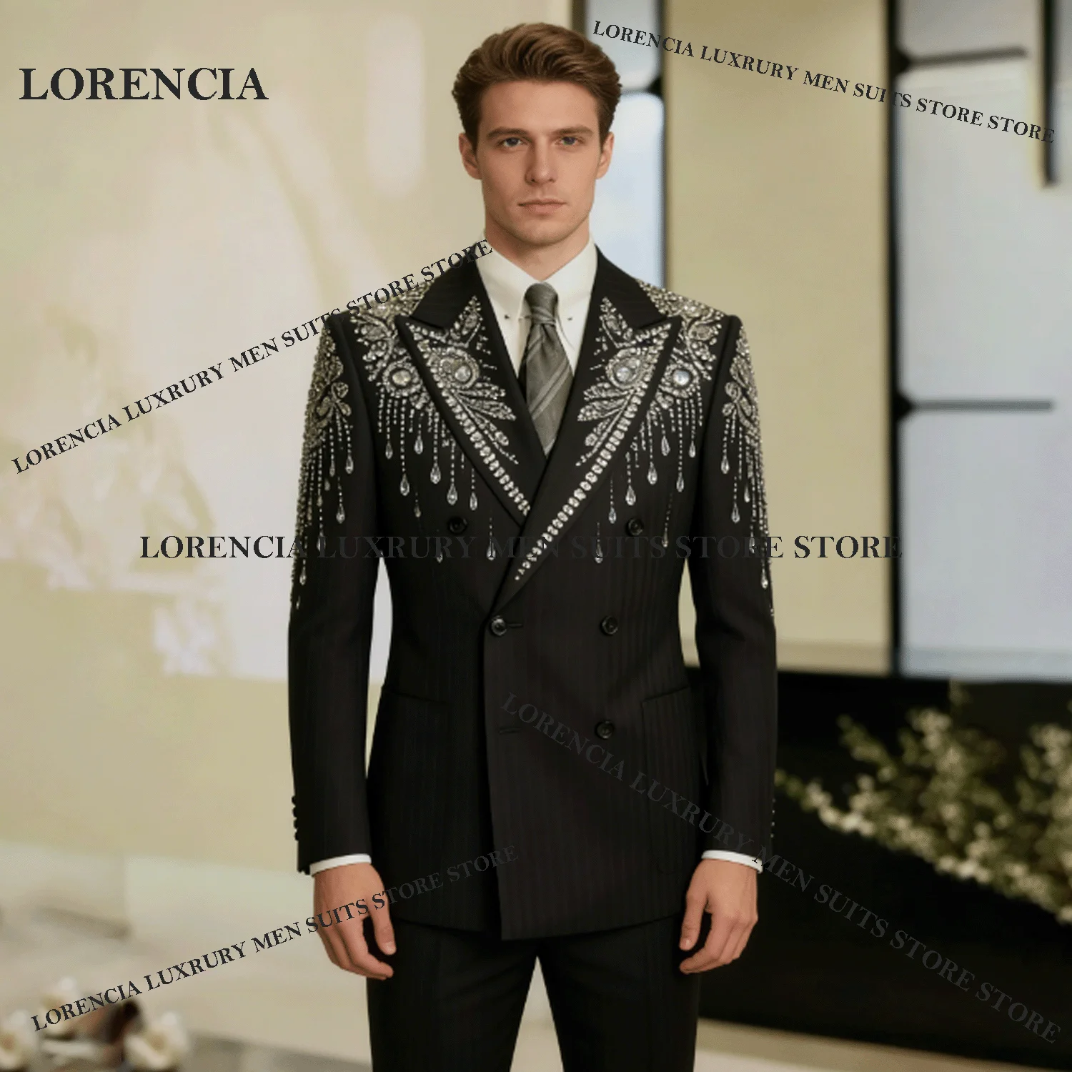 

Мужской костюм с блестками, высококачественный, с бриллиантами, двубортный, вечерний смокинг, приталенный, комплект из 2 предметов, для жениха, мужской пиджак, на заказ
