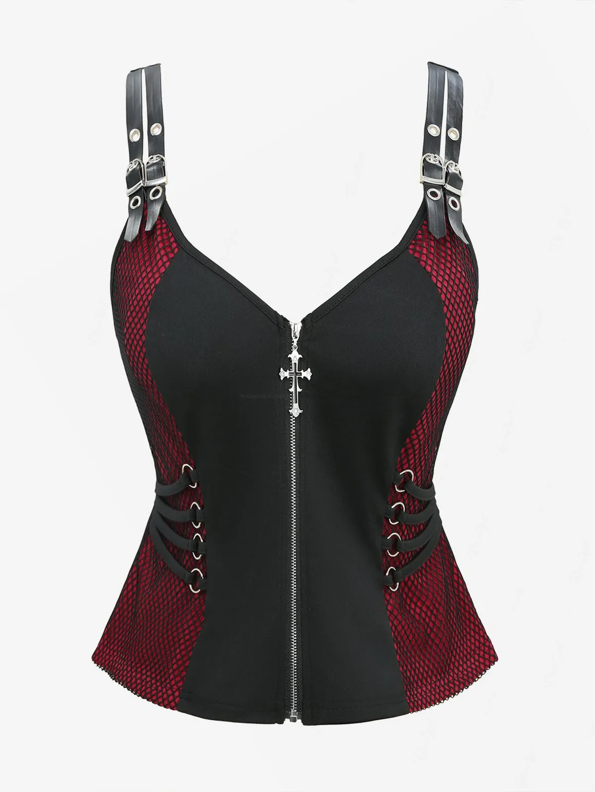 

ROSEGAL Women's Gothic Plus Size Fishnet Panel Cross Zipper Strappy PU Strap Grommets Buckle Tank Top