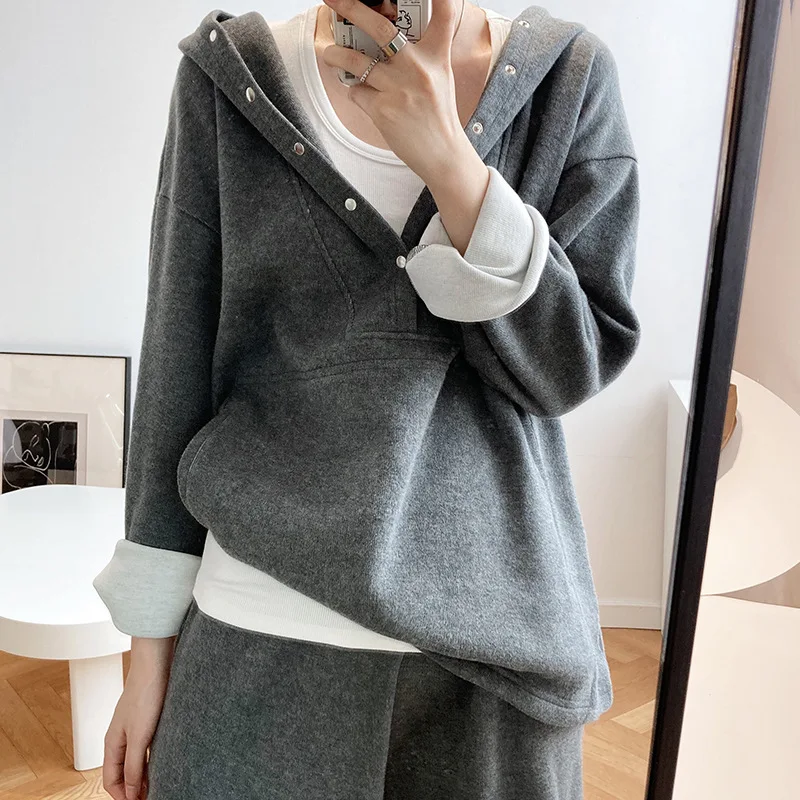 Autumn Winter Women Two Pieces Sets Long Sleeve Button Hoodies Elastic Waist Straight Loose Sweat Pants Knitted Casual Set 2021