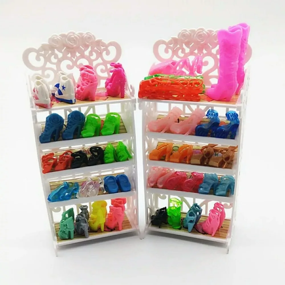 Plastic 5 Layers White Doll Shoes Rack / Random 12 Pairs Shoes Dollhouse Furniture Accessories for Barbie Doll Kids Toy - view 2