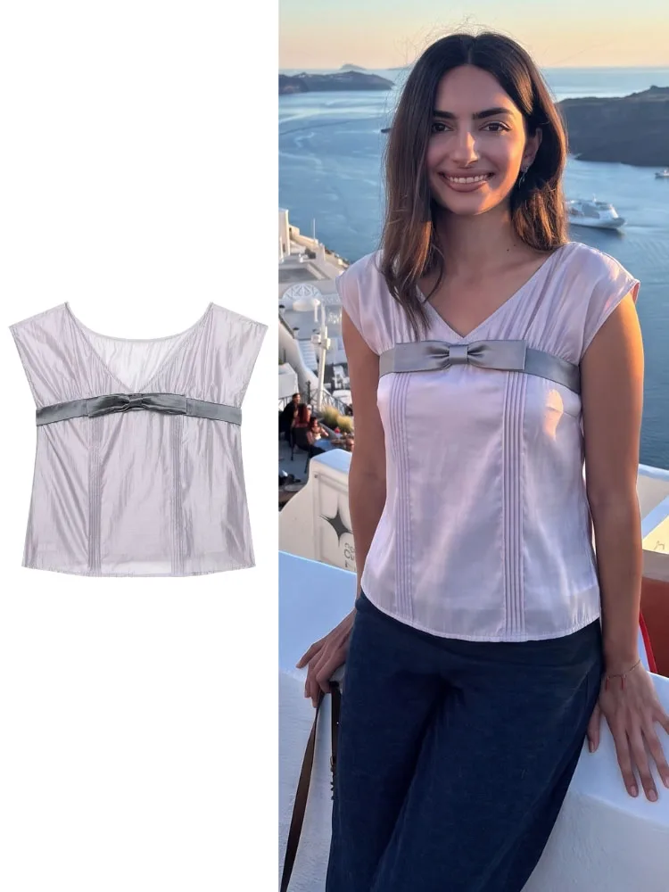 HH Women Summer Casual Light Lavender Satin Blouse V Neck Sleeves Bow Waistband Pintuck Details Flowy For Vacation Beach Party