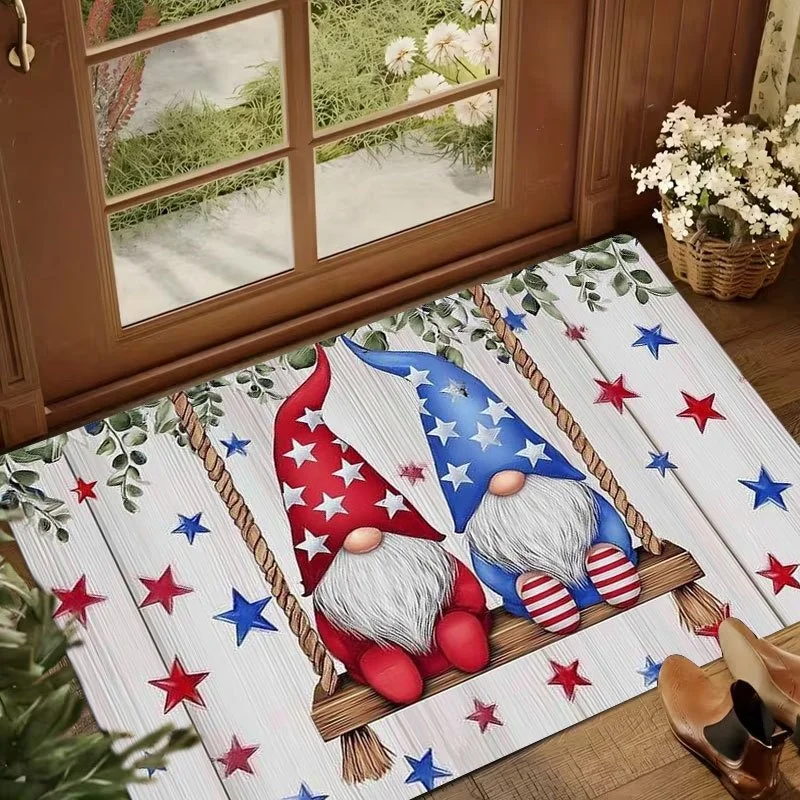 Felt Floor Mat,Two Gnomes On Swing Print, tar Wooden Board Background Pattern, Household Entryway Decor Rug