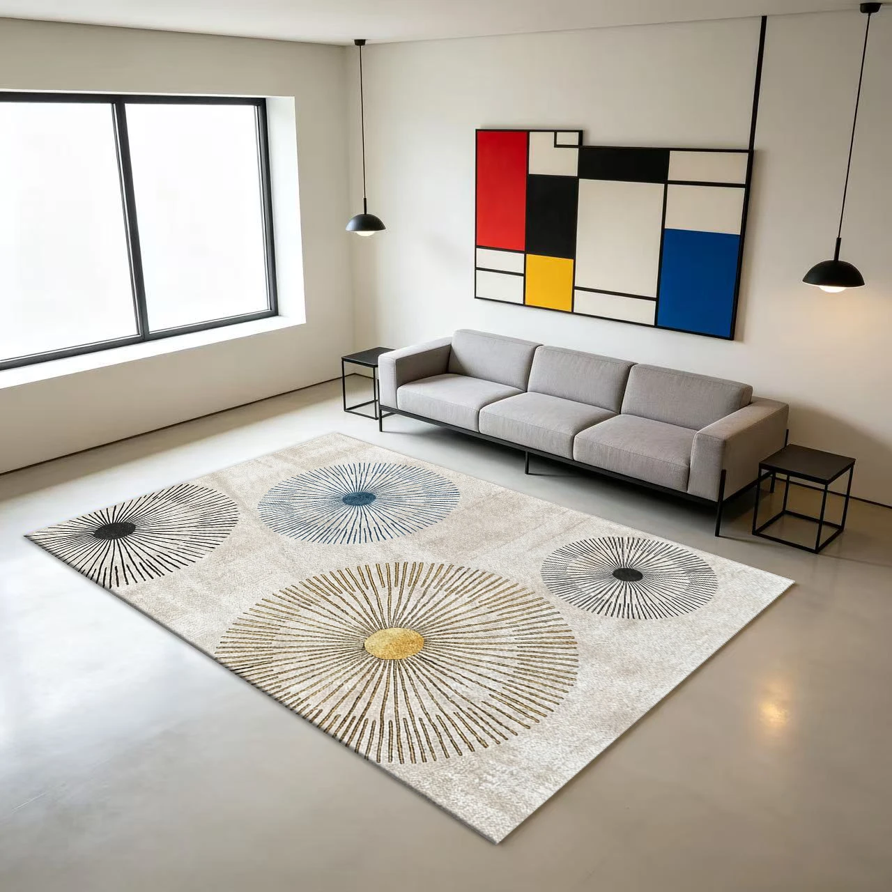 Mid-Century Sun Burst Abstract Area Rug Gold Blue Black Neutral Tone Living Room Floor Carpet