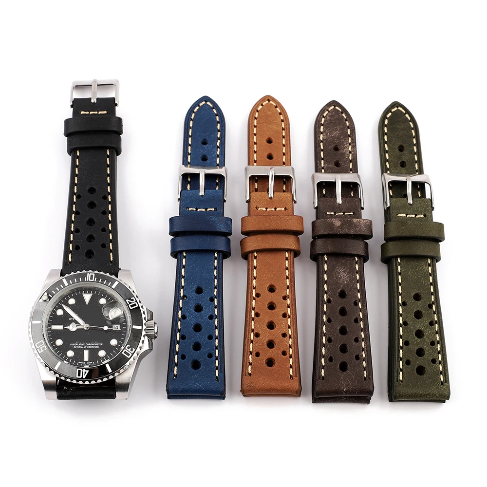 Vintage Handmade Watchband Cowhide Breathable Porous Strap Watch Band Replacement Bracelet Belt 18mm 19mm 21mm 20mm 22mm