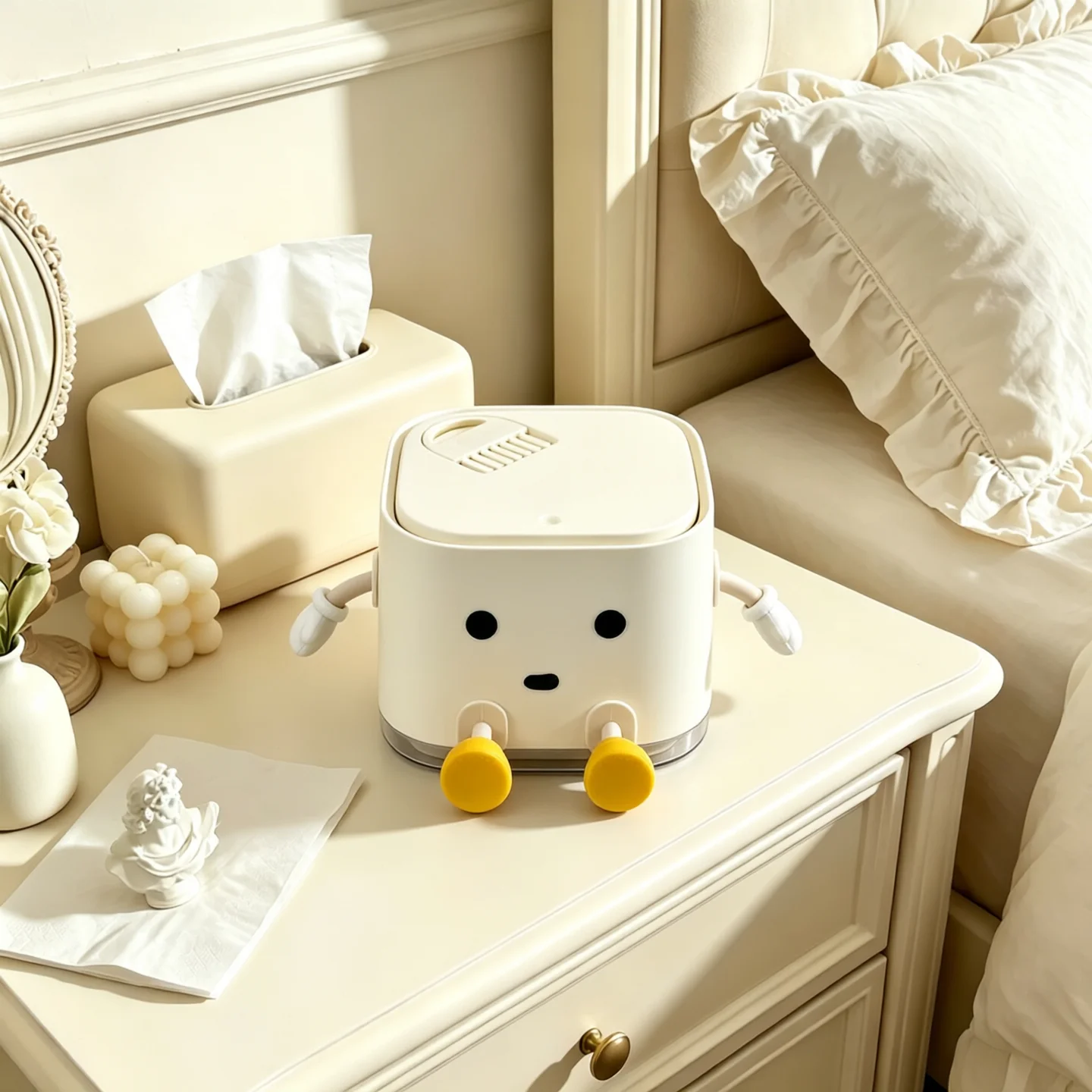 Mini Press‑Lid Desktop Trash Can with Cleaning Brush, Cute Sitting Figure Tabletop Waste Container, Small Lidded Waste Bin for Office Dorm Bedroom Vanity