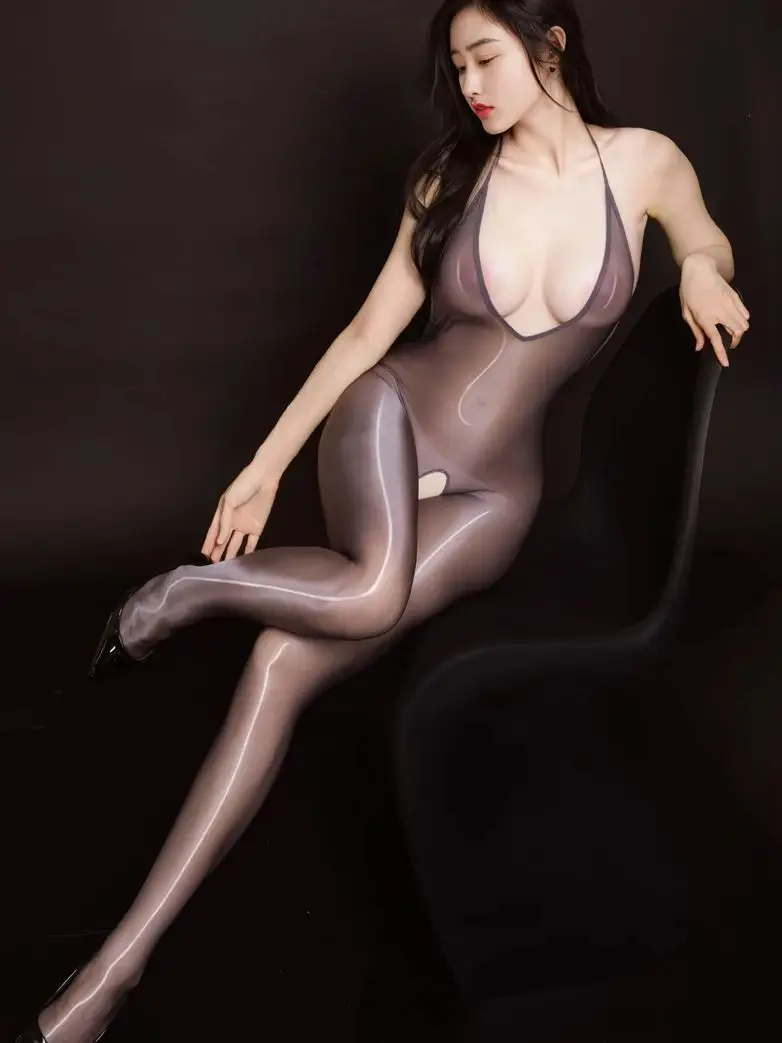 Halter Deep V-neck Backless Nylon Catsuit Glossy Shiny Bodystocking Open Crotch Bodysuit Tights Sexy Leotard Conjoined Lingerie