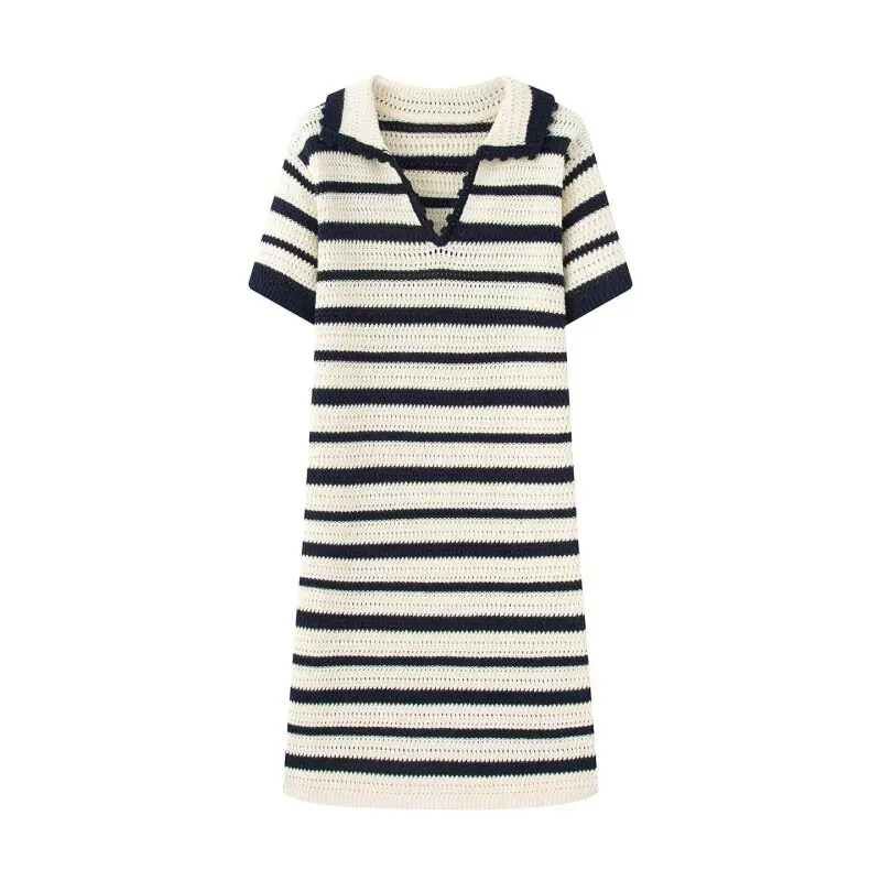 Ladies Classic Retro Striped V-Neck Knit Dress, Short Sleeve Polo Collar, Casual Long Midi Dress for Spring/Summer Daily Wear