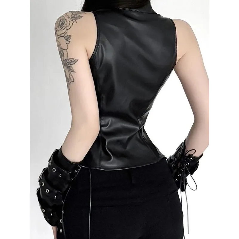 Dark Punk Style Metal Buckle PU Leather Slim Fit Sleeveless Women's Vest Fashionable And Stylish Trendy Design Spring Collection
