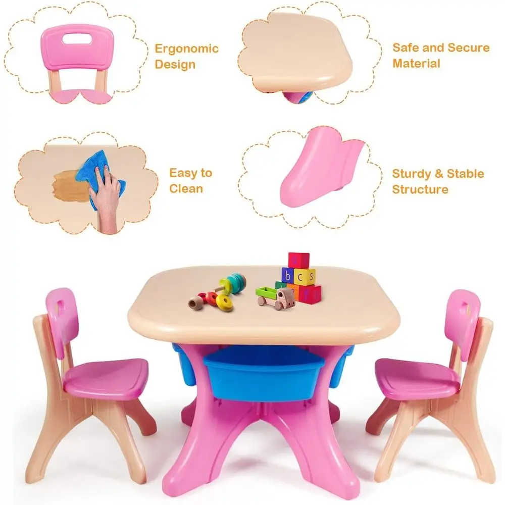 3-Piece Pink Toddler Activity Table Set with Storage Bins and Chairs for Play and Learning