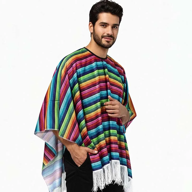 Unisex Mexican Poncho Cinco de Mayo Rainbow Striped Fringe Cape Fiesta Party Halloween Cosplay Costume Shawl for Men Women