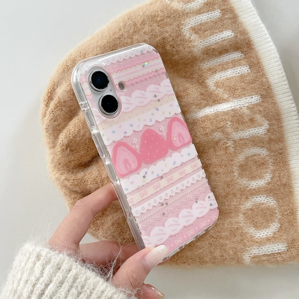 Funda protectora linda y dulce serie chica con crema, fresa, pastel, encaje y moño para iPhone 17 16 15 14 Pro Max 6